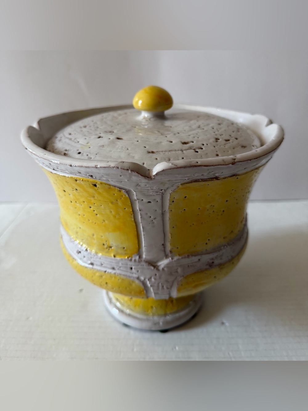 Italian Terracotta Compote Heavy Mid Century Yellow White Handmade Rustic Look